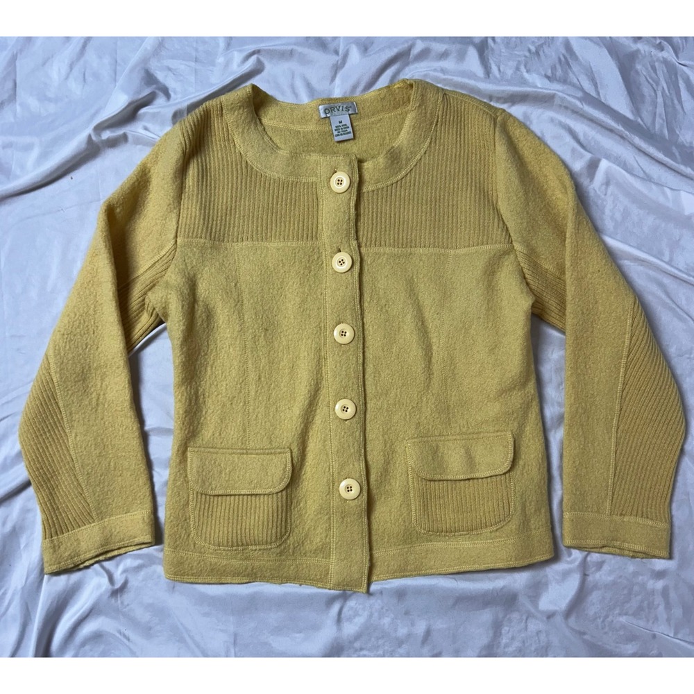 Orvis Womens Yellow 100% Wool Boiled Knit Ribbed Button Front Cardigan Sweater M